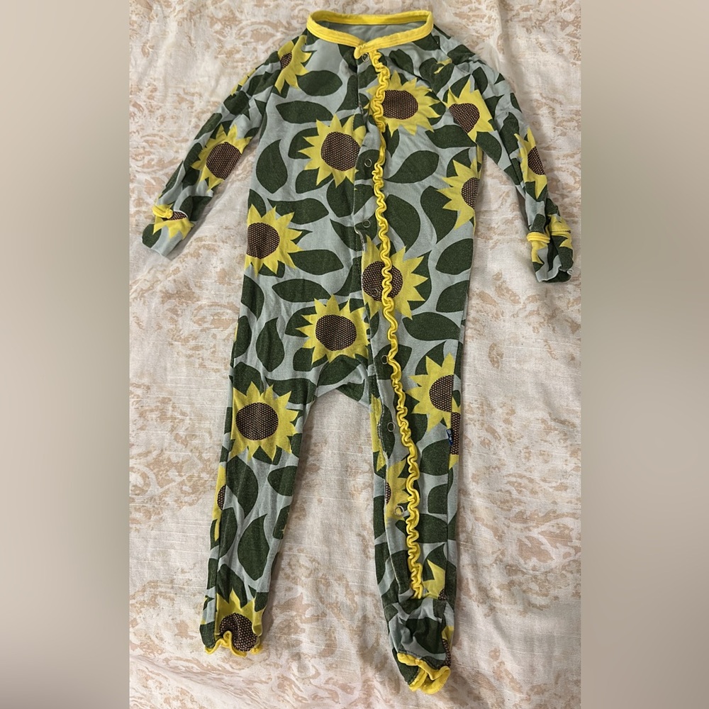 Kickee Pants Sunflower Print Kids Coverall - Green and Yellow